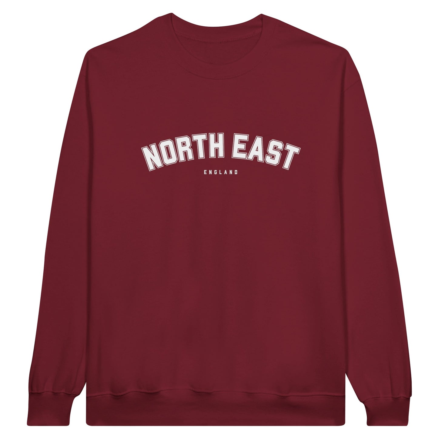 A Maroon colourd unisex t shirt with an American style college logo reading 'North East, England' Clothing designed in Newcastle